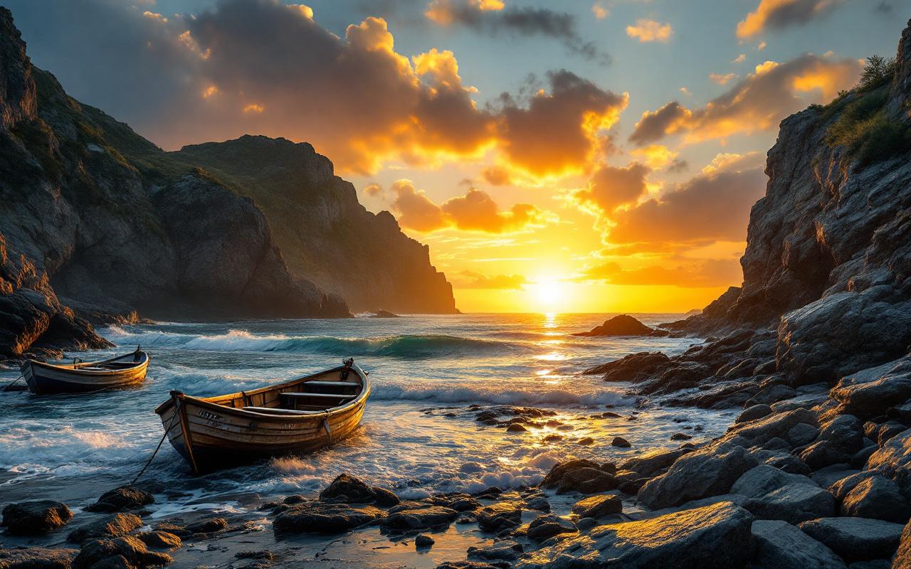 Coucher de soleil sur un petit port de pêche avec bateaux amarrés et falaises en arrière-plan, lumière dorée et bleus profonds se reflétant sur l'eau et les rochers humides.