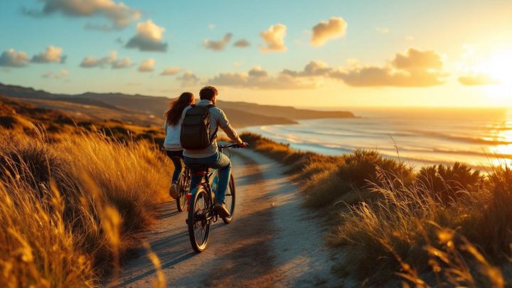 Un couple à vélo longe un chemin côtier avec vue sur l'océan au coucher du soleil, lumière dorée volumétrique, herbes agitées par le vent, ambiance naturelle et réaliste.