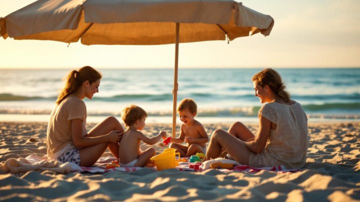 Une famille avec de jeunes enfants se détend sur une plage paisible, sous un parasol, avec une mer calme et une ambiance estivale.