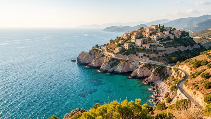 Vue panoramique de la Corse en été, avec une mer turquoise, une route côtière sinueuse et un village de maisons en pierre perché sur une colline.