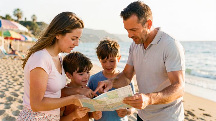 Une famille avec deux enfants observe une carte sur une plage ensoleillée du sud de l’Europe, au bord de la mer Méditerranée.