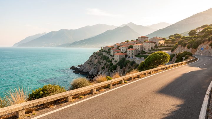 Route côtière en Corse, mer turquoise, petit village perché et montagnes baignées de lumière en été.