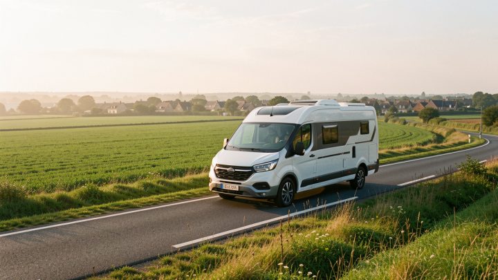 Camping-car sur une route panoramique des Pays de la Loire, avec la nature, un village au loin et une lumière douce de fin de journée.
