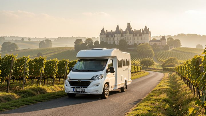 Route touristique des Pays de la Loire : un van blanc en balade, une route au bord des vignes et un grand château ligérien sous un soleil éclatant.