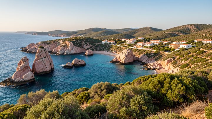 Vue panoramique de la côte granitique de Gallura avec une mer turquoise, le maquis méditerranéen et un village sarde niché dans les collines.