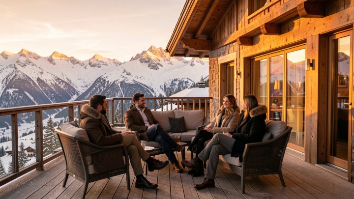 Chalet alpin luxueux à Gstaad, avec deux hommes et deux femmes réunis sur une terrasse face aux montagnes enneigées au coucher du soleil.