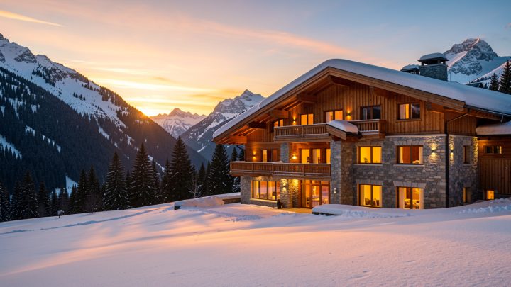 Chalet alpin luxueux illuminé au coucher du soleil, entouré de montagnes suisses enneigées et de sapins.