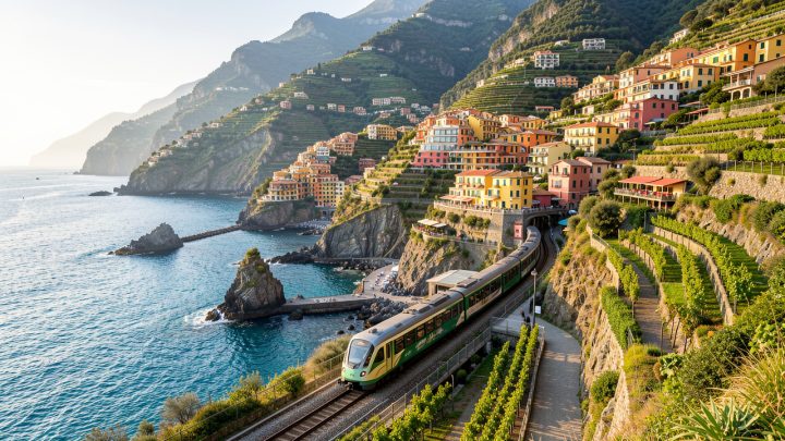 Train régional longeant la côte escarpée des Cinque Terre, entre villages colorés, vignobles en terrasses et mer Méditerranée turquoise.