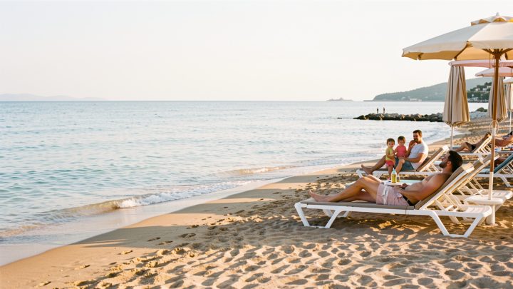 Plage lumineuse de Qerret en Albanie, avec du sable fin, une mer Adriatique calme, des transats d’hôtel et une famille profitant discrètement du bord de mer.