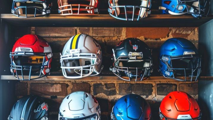 Plusieurs casquettes NFL exposées sur une étagère, avec différents logos et coloris visibles.