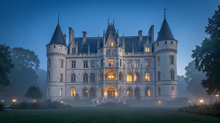 Façade néogothique en pierre ancienne d’un château-hôtel français au crépuscule, avec des fenêtres éclairées et un parc brumeux.