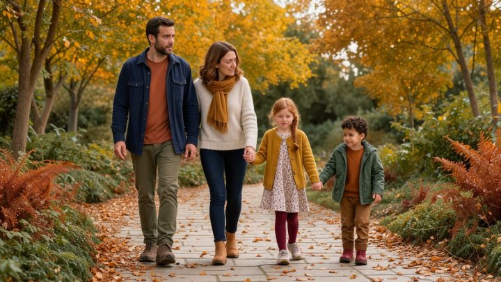 Une famille composée d’un homme, d’une femme, d’une fille et d’un garçon marche parmi les feuillages dorés et les jardins de Terra Botanica à Angers, sous une douce lumière d’automne.
